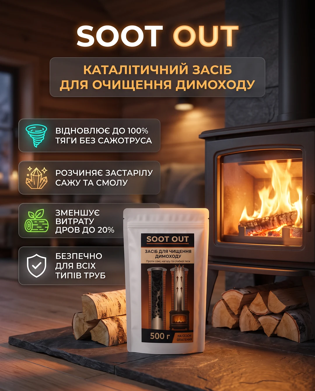 Каталітичний засіб для чистки димоходу